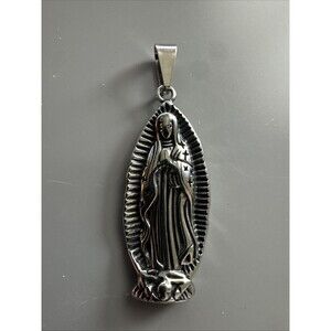 Virgin Mary Stainless Steel Pendant Jesus Christ Religious Faith 24” Gun Metal